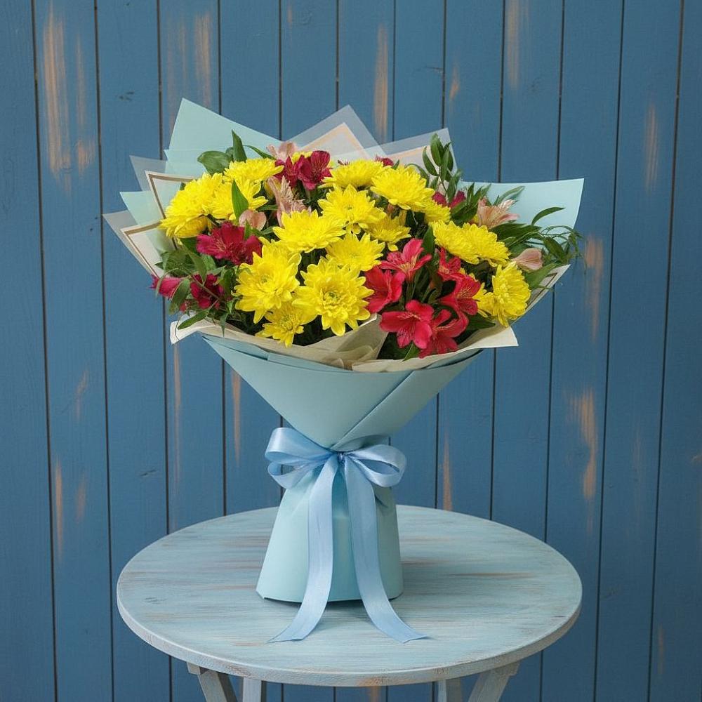Букет цветов из: Альстромерии и Хризантемы в Кижинге
