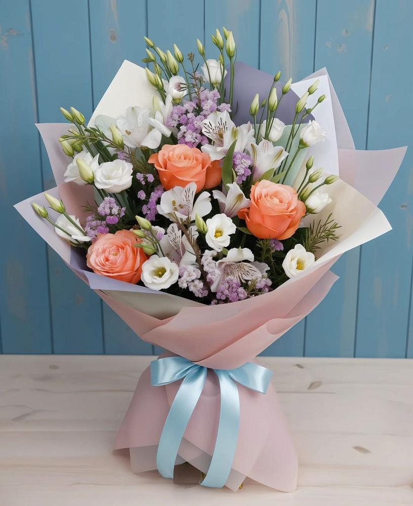 Букет цветов из: Лизиантусы, Розы, Альстромерии и Гипсофила в Кижинге