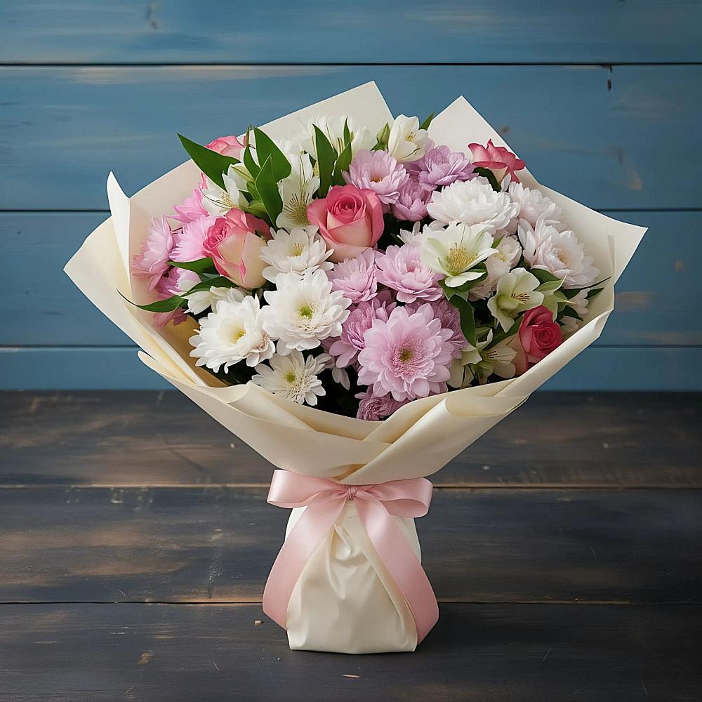 Букет цветов из: Хризантемы, Альстромерии и Розы в Кижинге